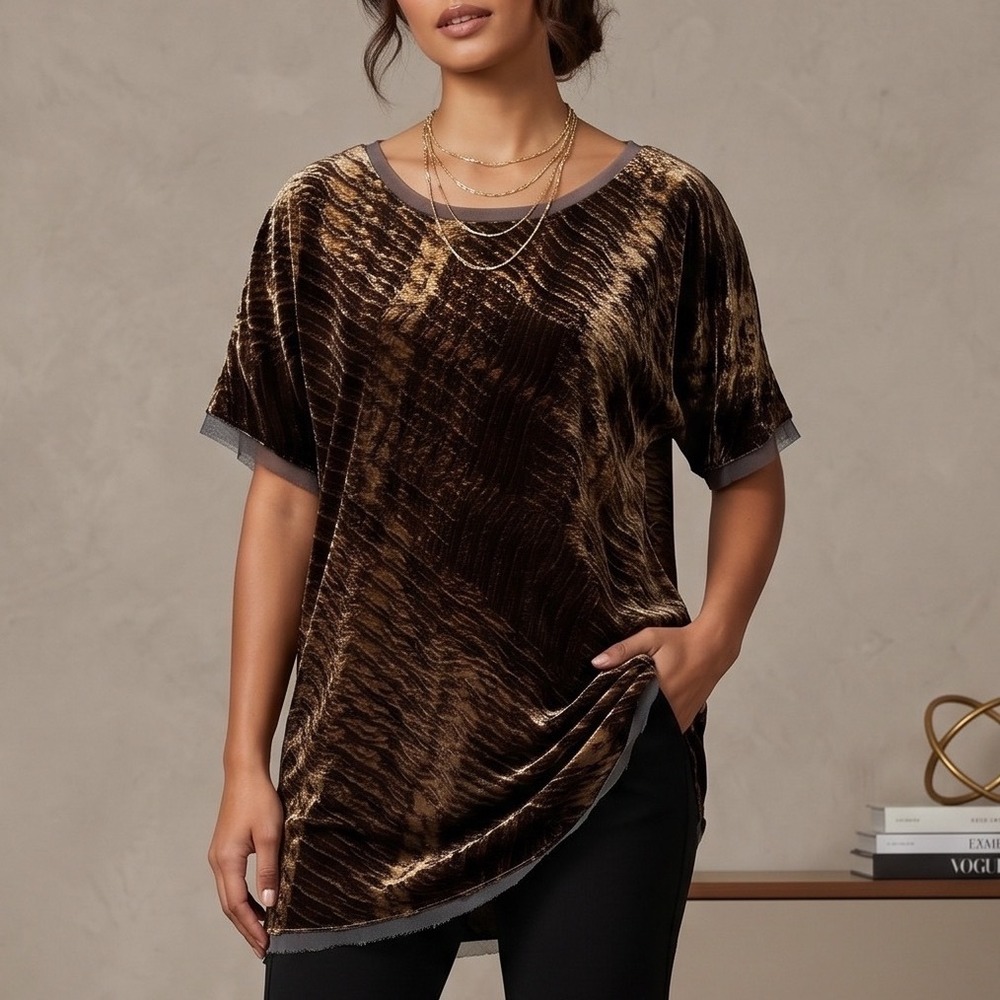 New York & Co Velvet Animal Print Tunic Lagenlook Top XL Brown Gold Whimsigoth